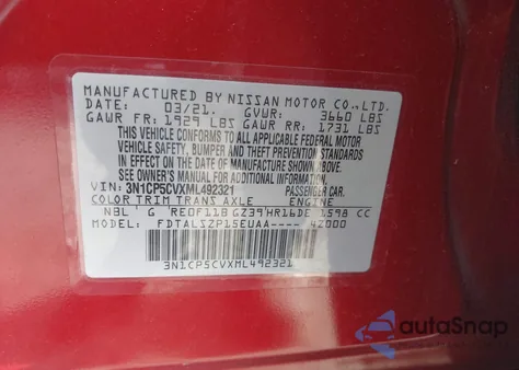 2021 Nissan Kicks Sv Xtronic Cvt z USA, uszkodzony, nr VIN 3N1CP5CVXML492321